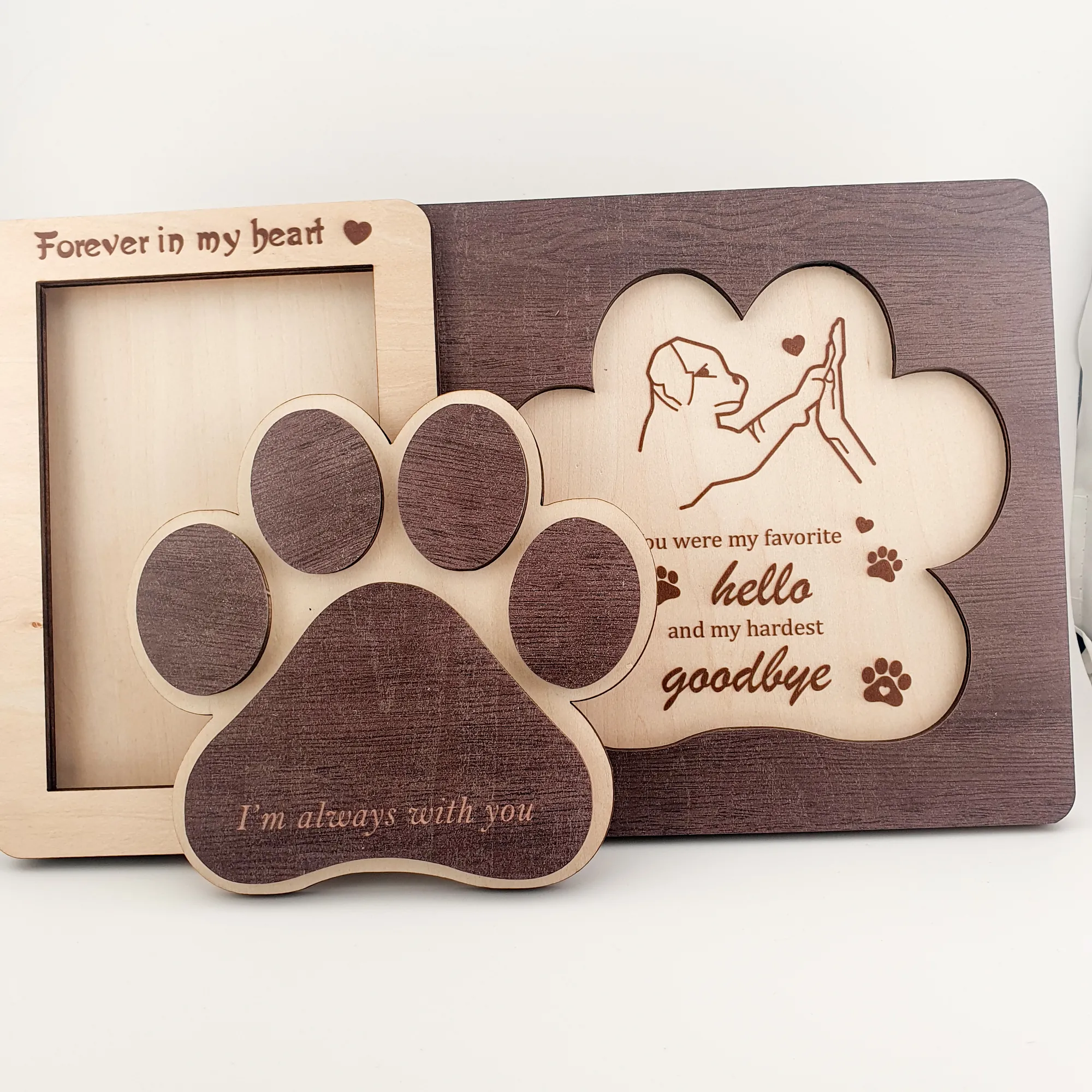 Houten Herinneringsfotolijst Huisdier – Pootafdruk Design ‘Forever in My Heart’ - Gedenksieraad